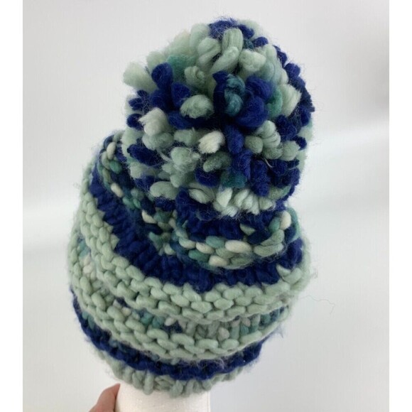 North Face Nanny Knit Beanie Blue Striped Chunky Pom Pom NF00A9EW Adult One Size - Picture 11 of 11